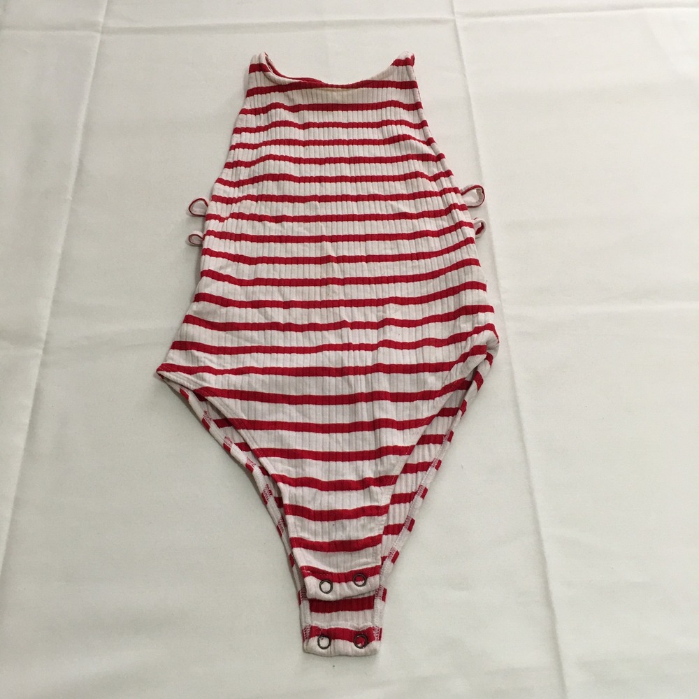 Farm Rio Bodysuit Women Small Red White Striped Ribbed Side Straps
